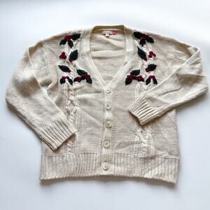 Girls Pink Chicken New York Beige Holiday Cardigan Embroidered Holly Leaves 12